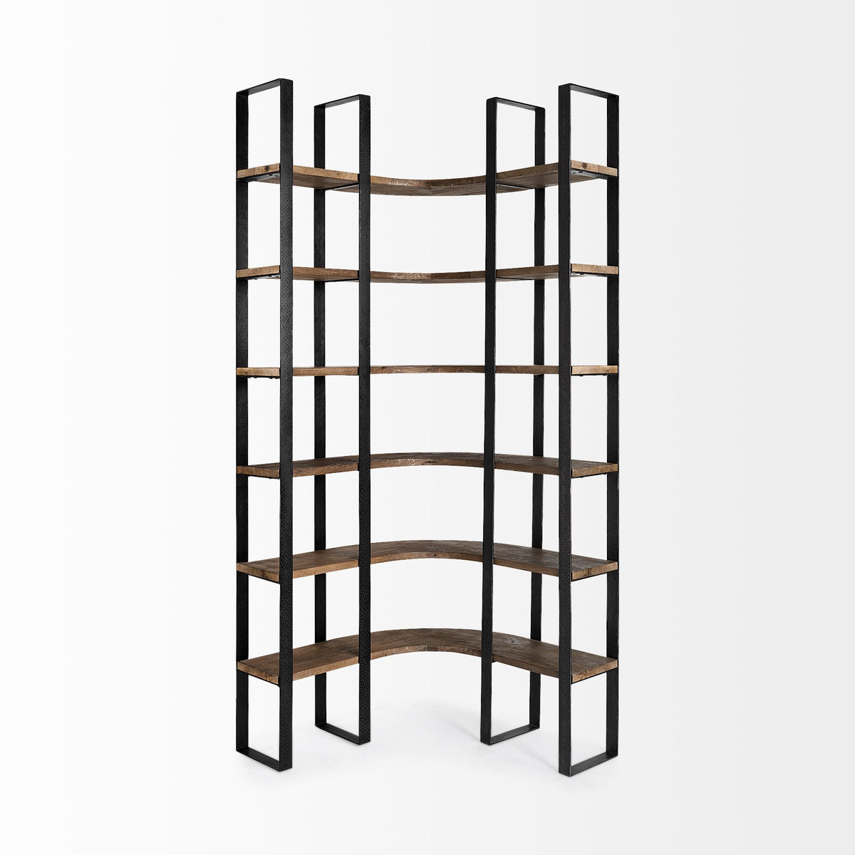 Turner II 37L x 10.5W x 90H Curved Dark Brown Wood And Black Iron Six Shelving Unit-Shelving-DECOROLALA