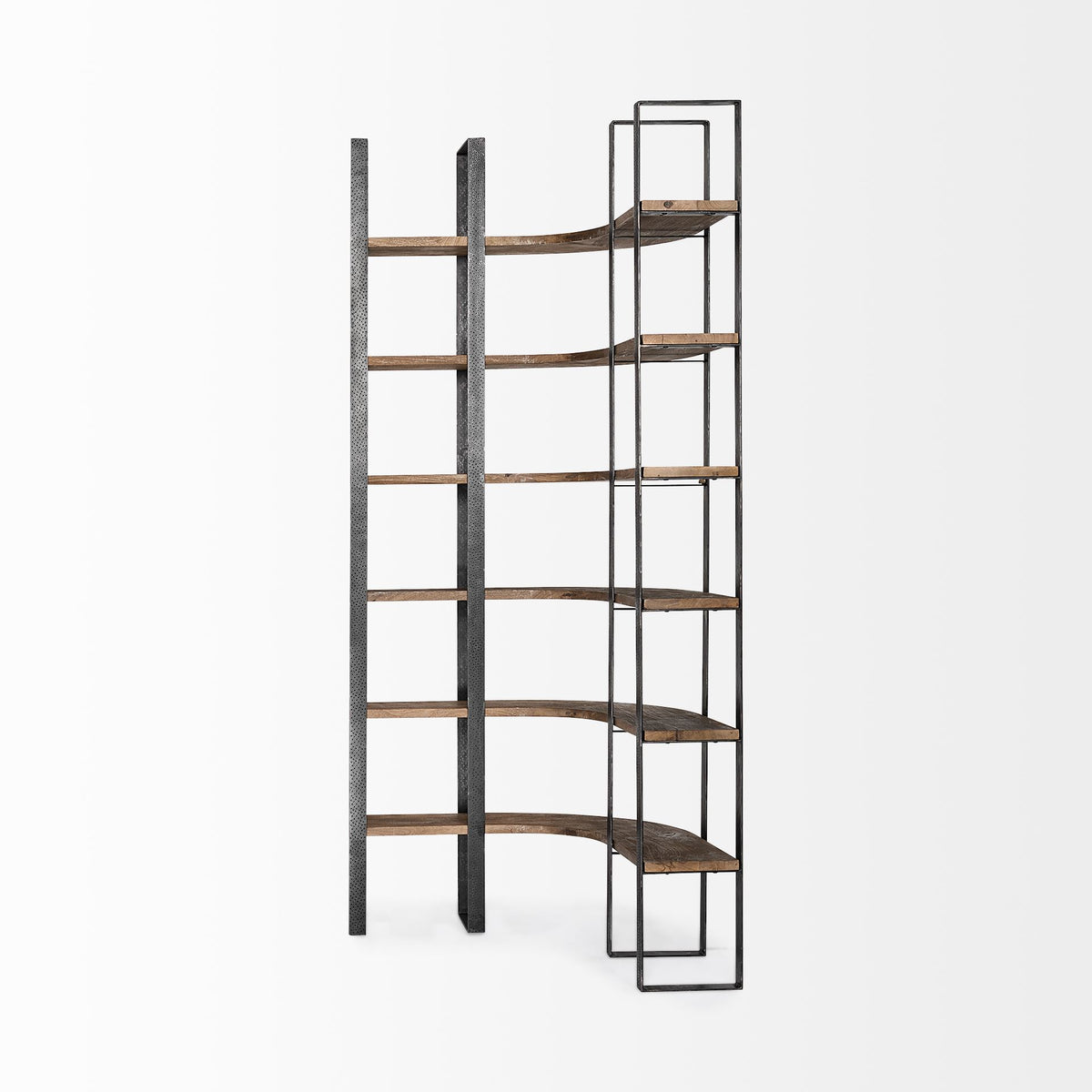 Turner II 37L x 10.5W x 90H Curved Dark Brown Wood And Black Iron Six Shelving Unit-Shelving-DECOROLALA