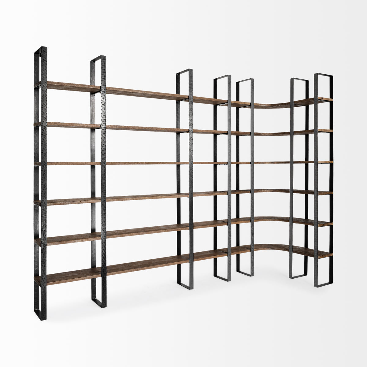 Turner II 37L x 10.5W x 90H Curved Dark Brown Wood And Black Iron Six Shelving Unit-Shelving-DECOROLALA
