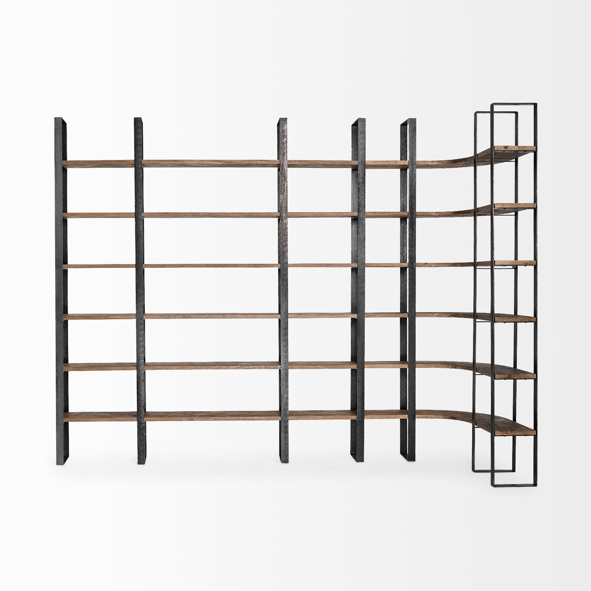 Turner II 37L x 10.5W x 90H Curved Dark Brown Wood And Black Iron Six Shelving Unit-Shelving-DECOROLALA