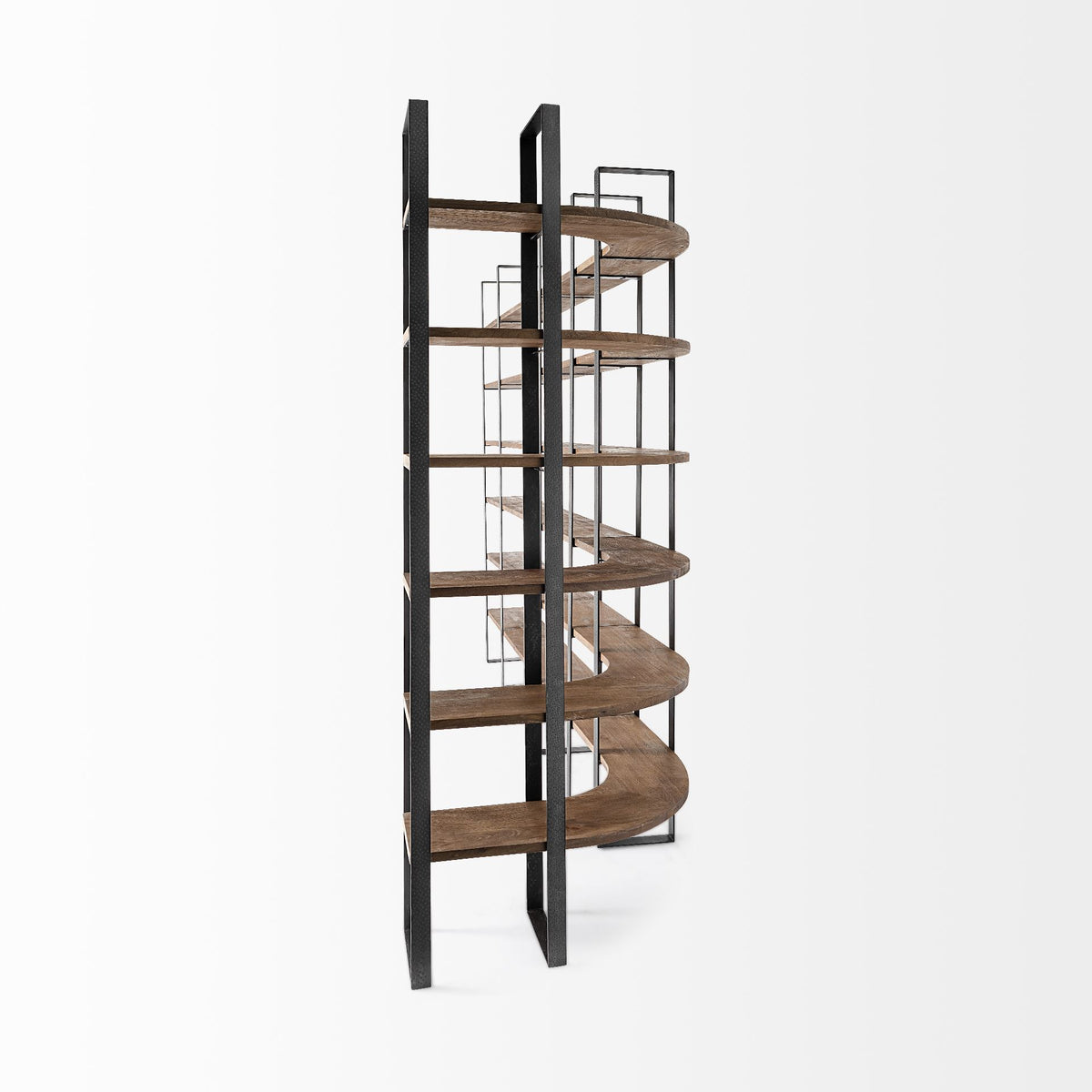 Turner II 37L x 10.5W x 90H Curved Dark Brown Wood And Black Iron Six Shelving Unit-Shelving-DECOROLALA