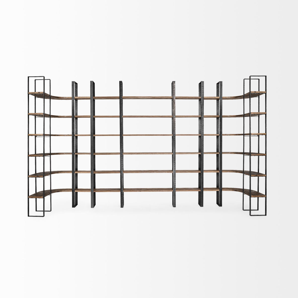 Turner II 37L x 10.5W x 90H Curved Dark Brown Wood And Black Iron Six Shelving Unit-Shelving-DECOROLALA