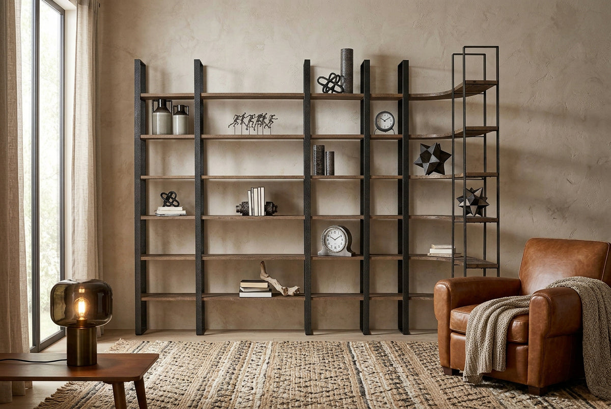 Turner II 37L x 10.5W x 90H Curved Dark Brown Wood And Black Iron Six Shelving Unit-Shelving-DECOROLALA