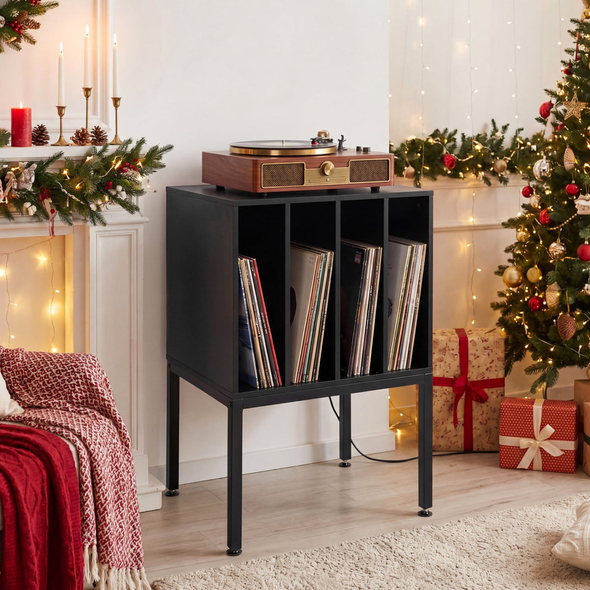 Turntable Record Player Stand with Power Outlets-Black-End & Side Tables-DECOROLALA