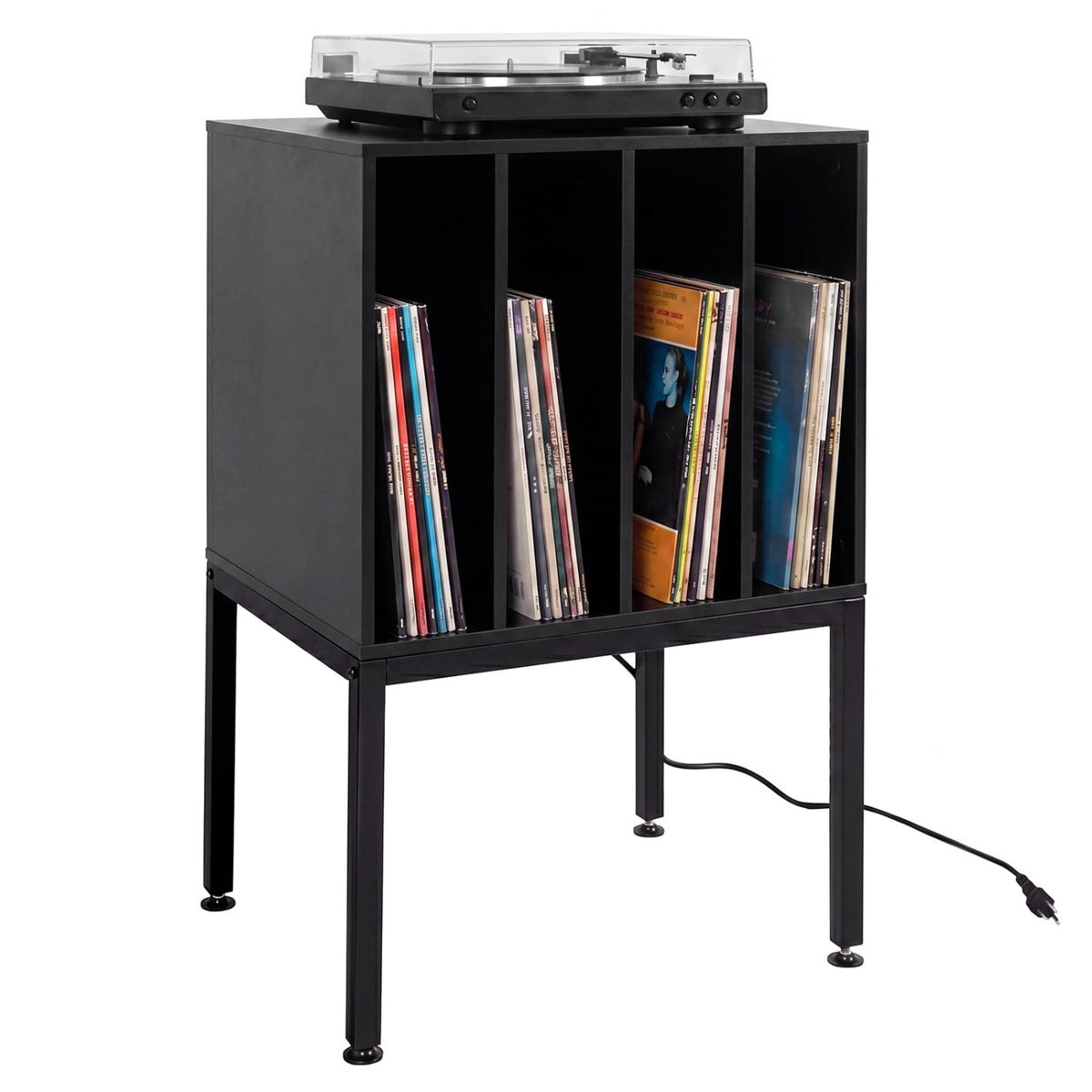 Turntable Record Player Stand with Power Outlets-Black-End & Side Tables-DECOROLALA
