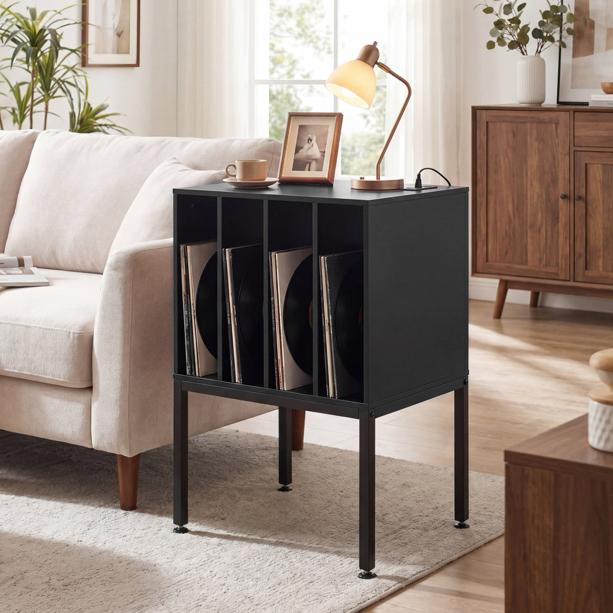 Turntable Record Player Stand with Power Outlets-Black-End & Side Tables-DECOROLALA