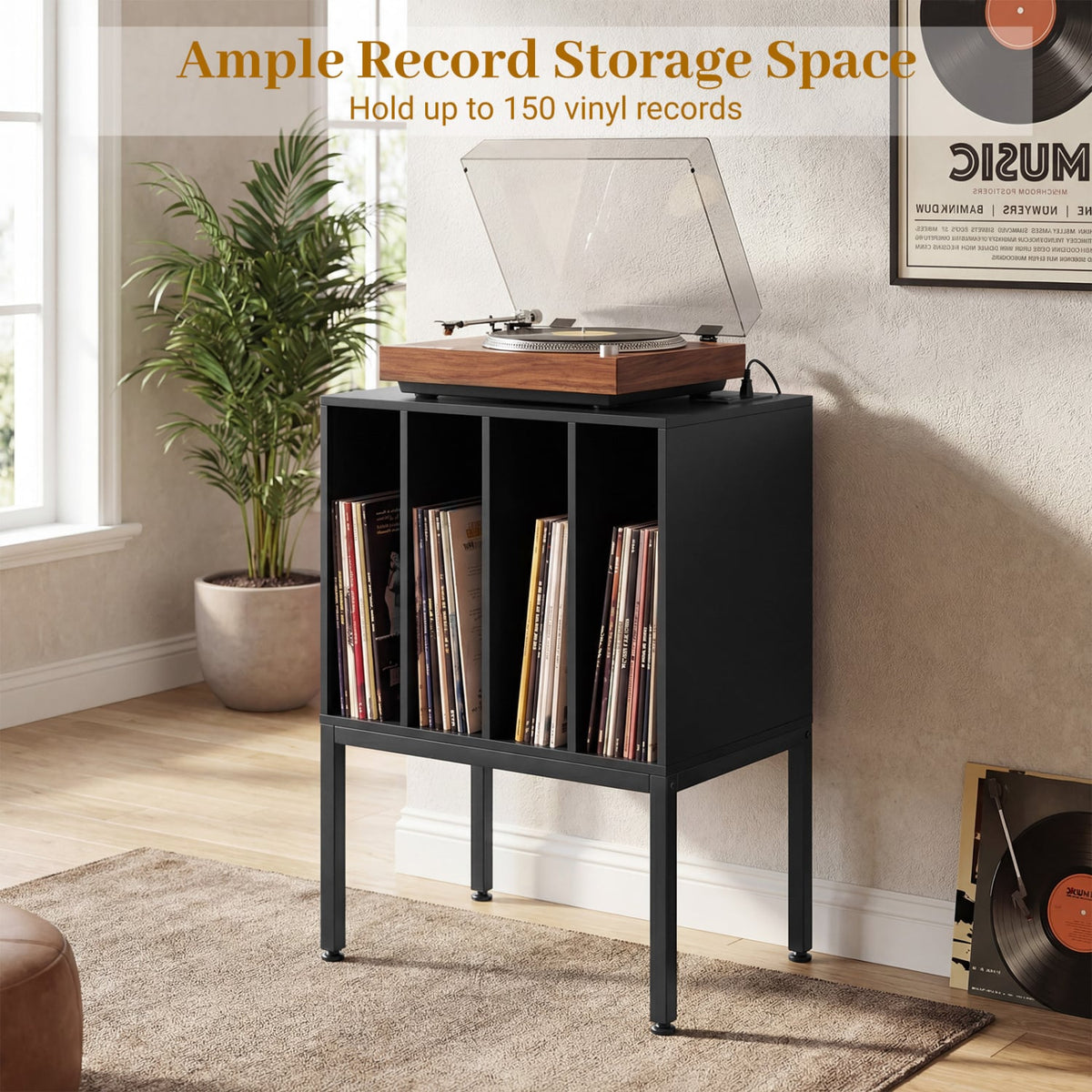Turntable Record Player Stand with Power Outlets-Black-End & Side Tables-DECOROLALA