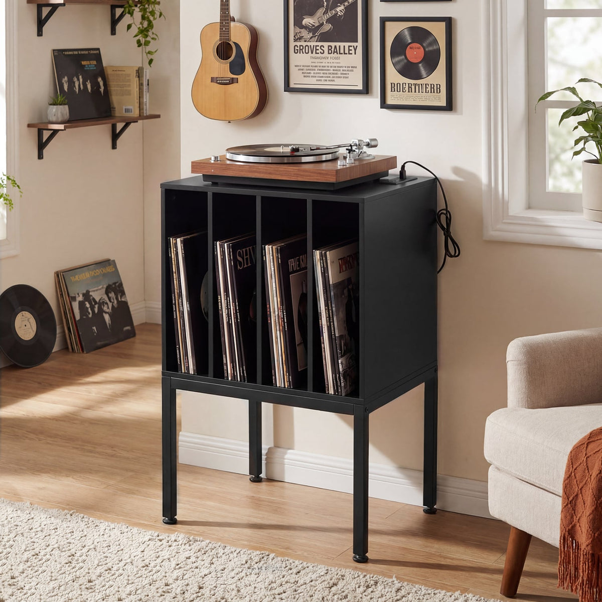 Turntable Record Player Stand with Power Outlets-Black-End & Side Tables-DECOROLALA