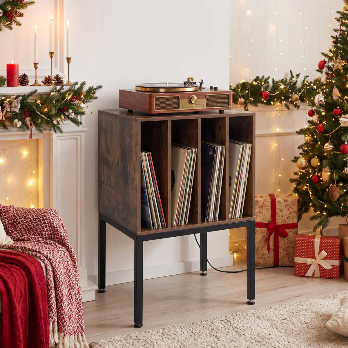 Turntable Record Player Stand with Power Outlets-Rusticbrown-End & Side Tables-DECOROLALA