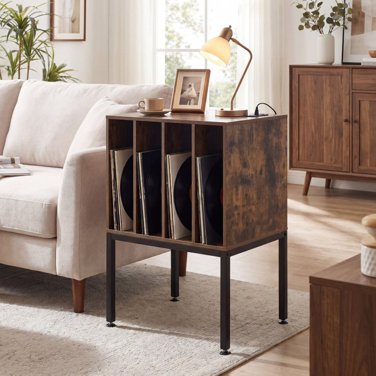 Turntable Record Player Stand with Power Outlets-Rusticbrown-End & Side Tables-DECOROLALA