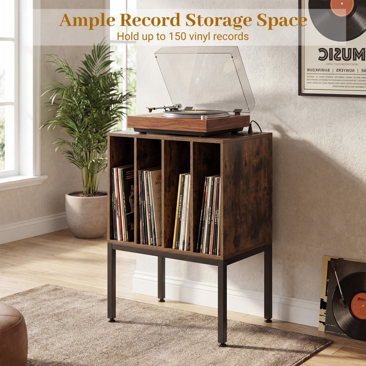 Turntable Record Player Stand with Power Outlets-Rusticbrown-End & Side Tables-DECOROLALA