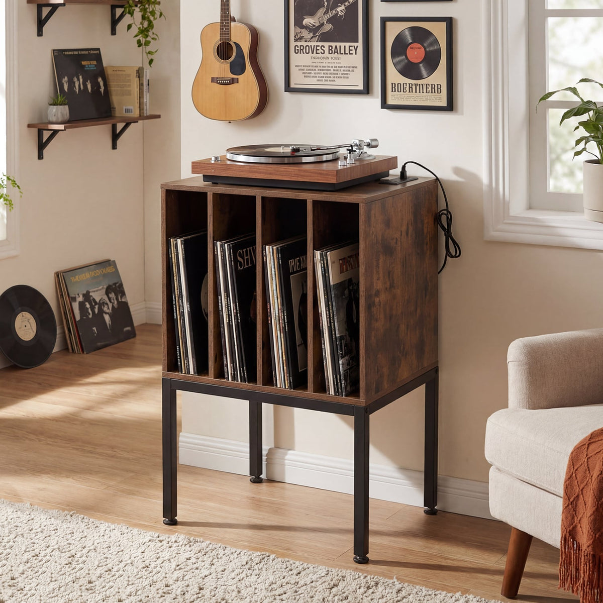 Turntable Record Player Stand with Power Outlets-Rusticbrown-End & Side Tables-DECOROLALA