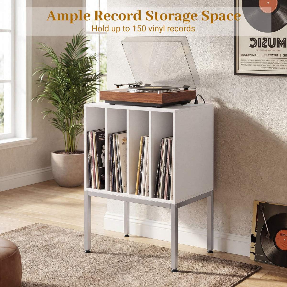 Turntable Record Player Stand with Power Outlets-White-End & Side Tables-DECOROLALA