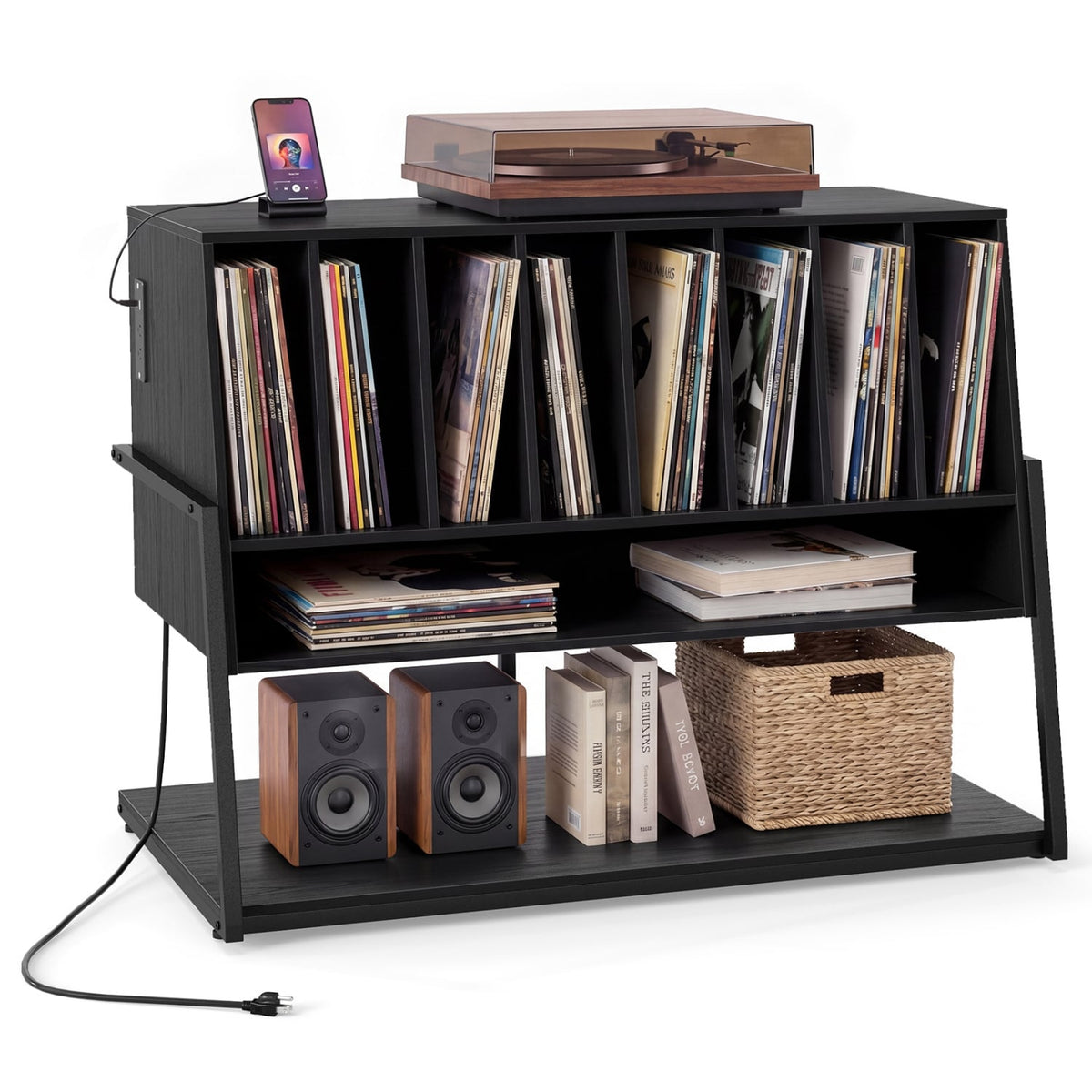 Turntable Stand with Charging Station and Vinyl Storage Shelves-Black-End & Side Tables-DECOROLALA