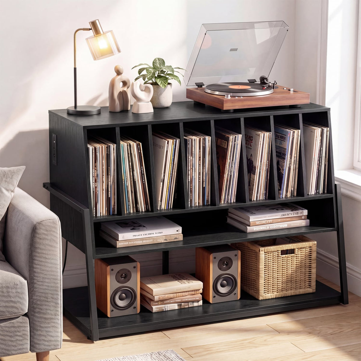 Turntable Stand with Charging Station and Vinyl Storage Shelves-Black-End & Side Tables-DECOROLALA