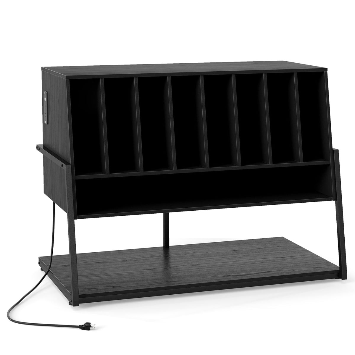 Turntable Stand with Charging Station and Vinyl Storage Shelves-Black-End & Side Tables-DECOROLALA
