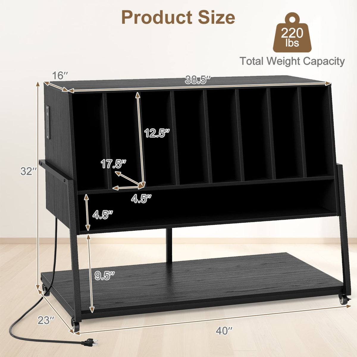 Turntable Stand with Charging Station and Vinyl Storage Shelves-Black-End & Side Tables-DECOROLALA