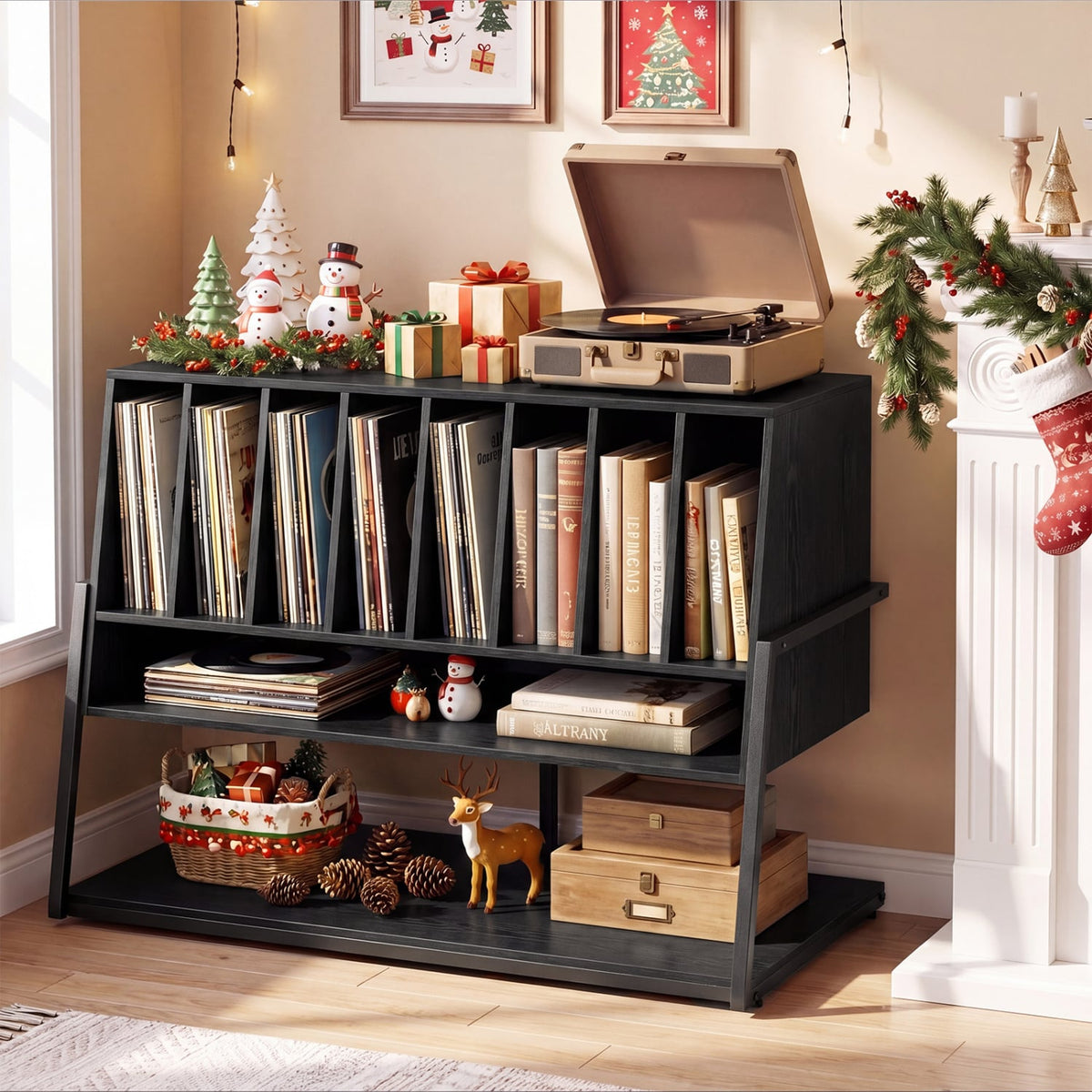 Turntable Stand with Charging Station and Vinyl Storage Shelves-Black-End & Side Tables-DECOROLALA