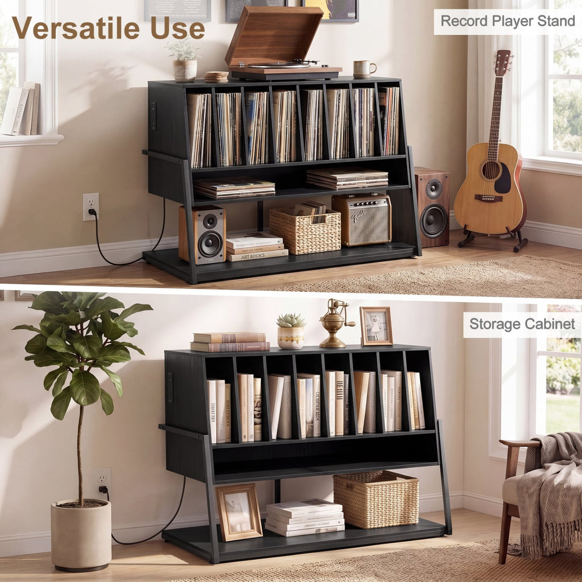 Turntable Stand with Charging Station and Vinyl Storage Shelves-Black-End & Side Tables-DECOROLALA