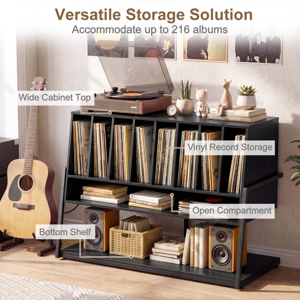 Turntable Stand with Charging Station and Vinyl Storage Shelves-Black-End & Side Tables-DECOROLALA