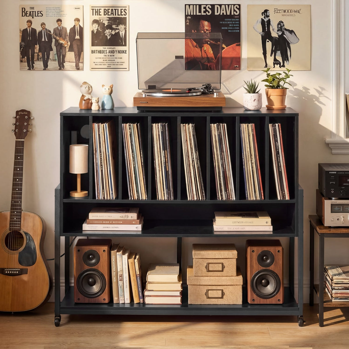 Turntable Stand with Charging Station and Vinyl Storage Shelves-Black-End & Side Tables-DECOROLALA