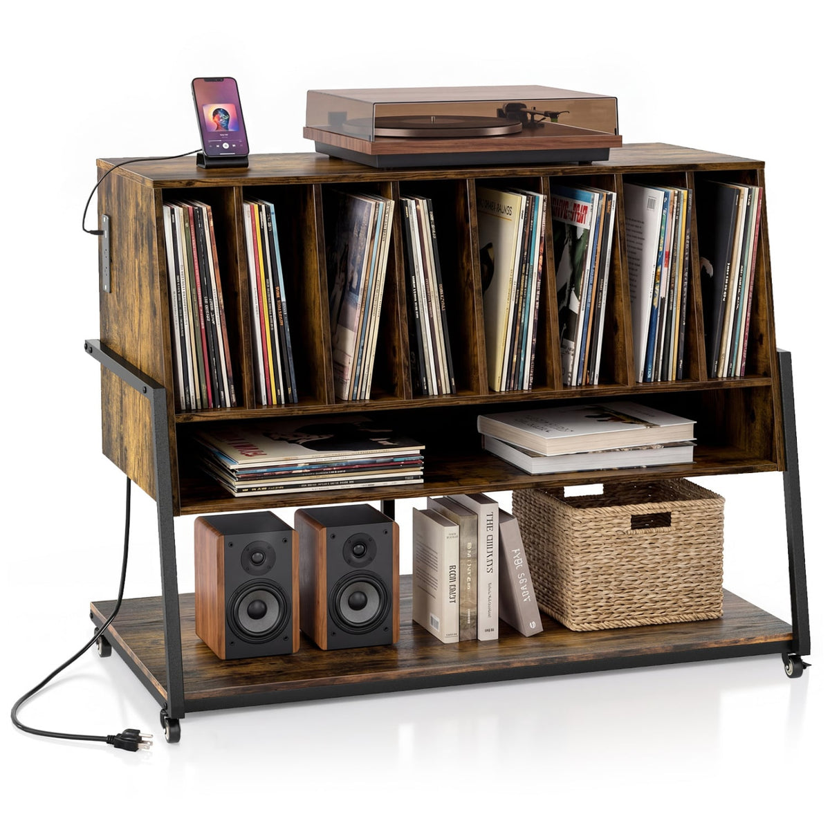 Turntable Stand with Charging Station and Vinyl Storage Shelves-Rustic Brown-End & Side Tables-DECOROLALA