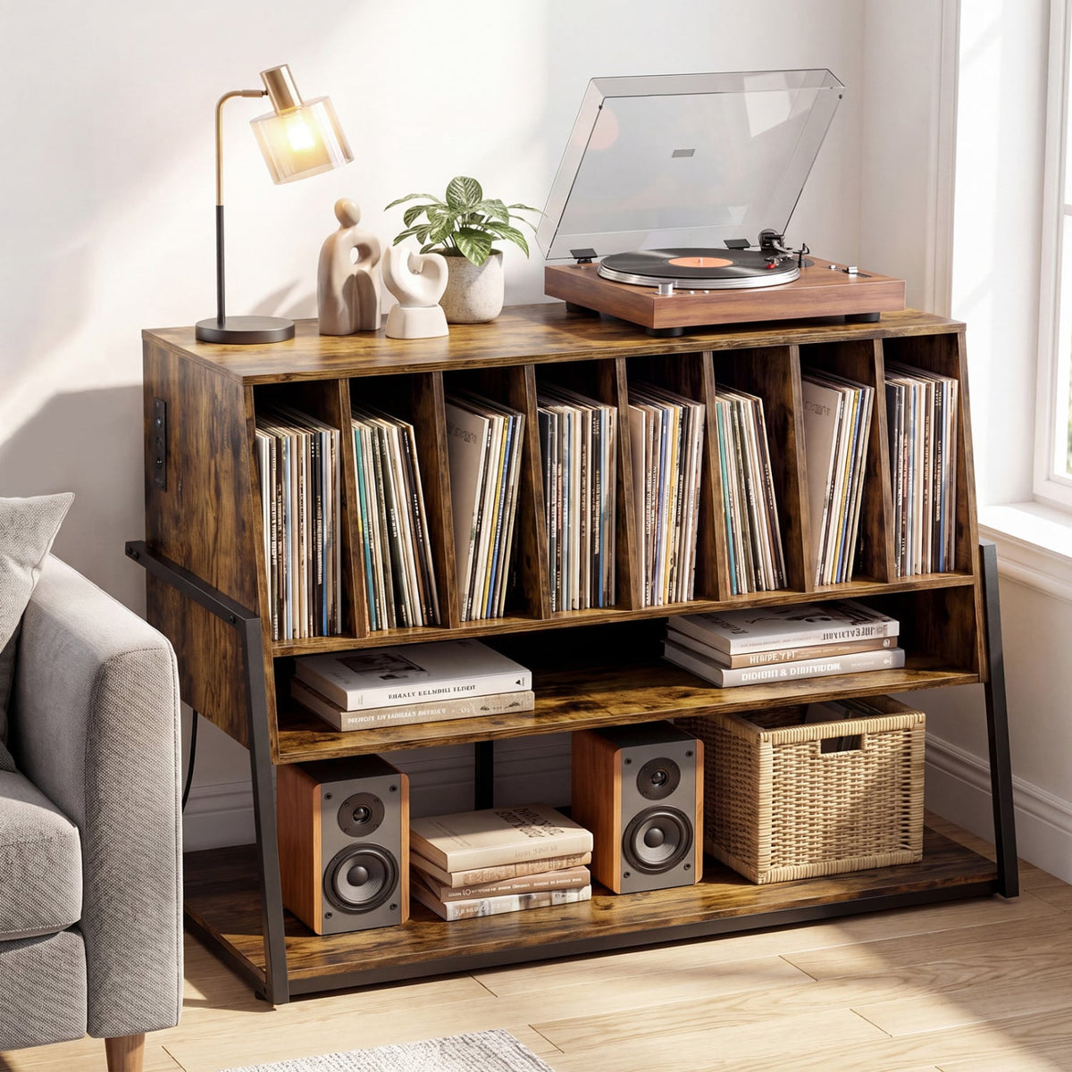 Turntable Stand with Charging Station and Vinyl Storage Shelves-Rustic Brown-End & Side Tables-DECOROLALA