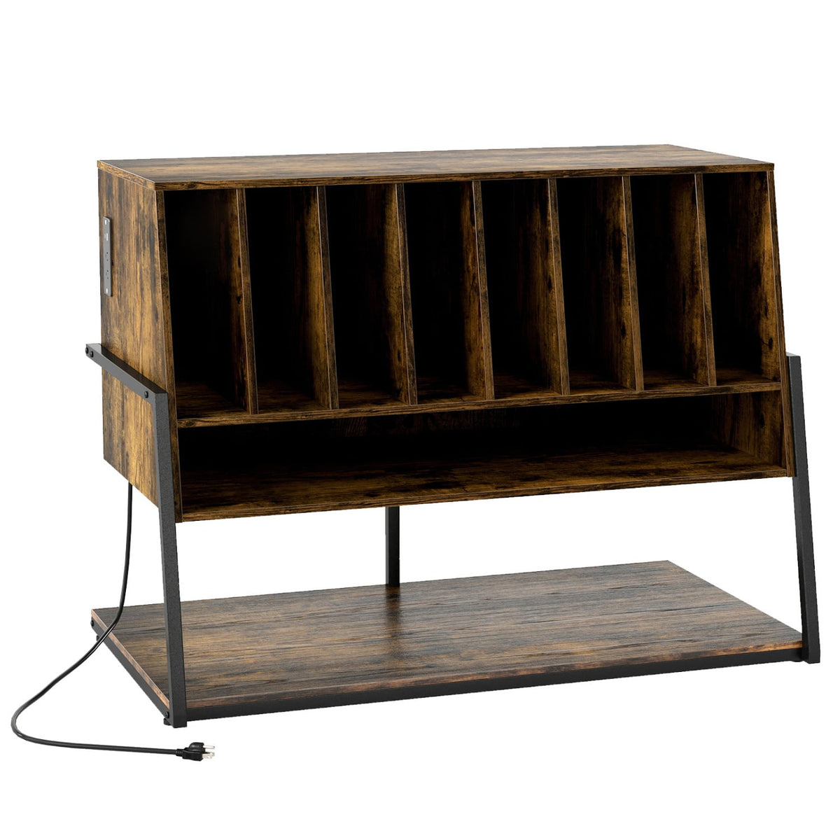 Turntable Stand with Charging Station and Vinyl Storage Shelves-Rustic Brown-End & Side Tables-DECOROLALA