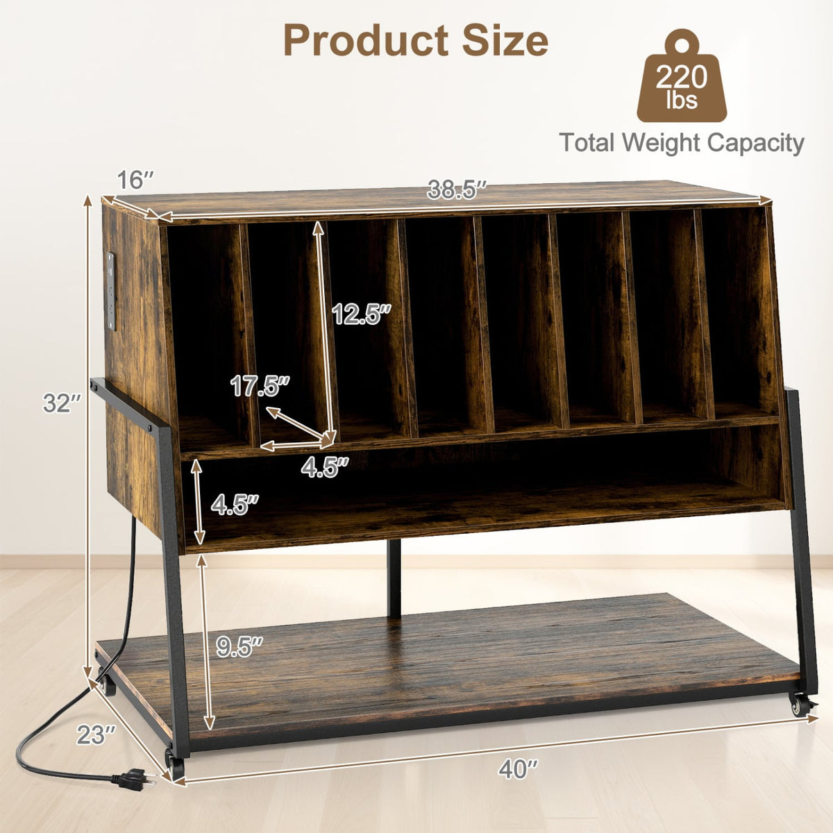 Turntable Stand with Charging Station and Vinyl Storage Shelves-Rustic Brown-End & Side Tables-DECOROLALA