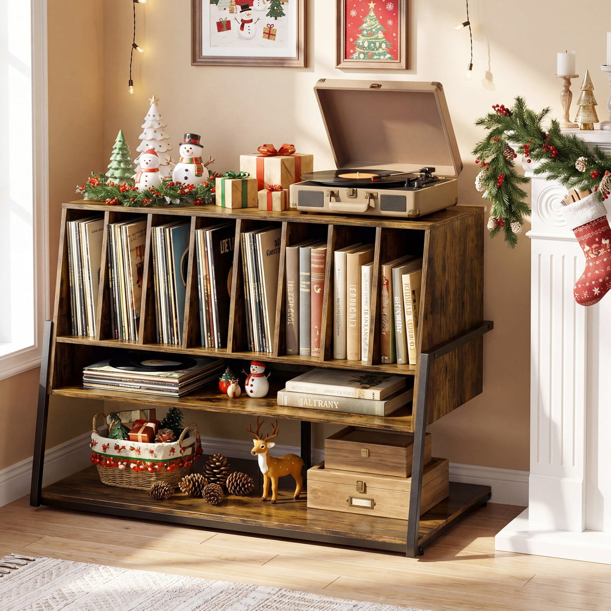 Turntable Stand with Charging Station and Vinyl Storage Shelves-Rustic Brown-End & Side Tables-DECOROLALA