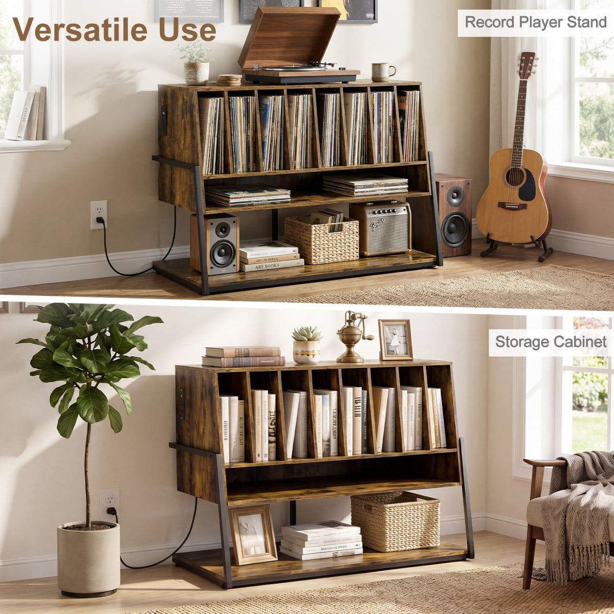 Turntable Stand with Charging Station and Vinyl Storage Shelves-Rustic Brown-End & Side Tables-DECOROLALA