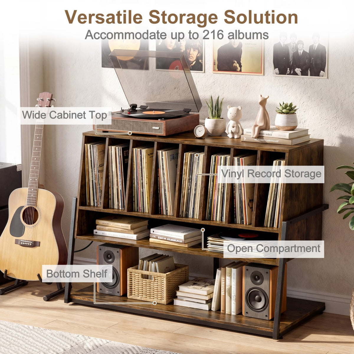 Turntable Stand with Charging Station and Vinyl Storage Shelves-Rustic Brown-End & Side Tables-DECOROLALA
