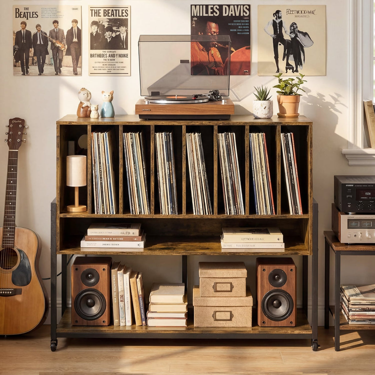 Turntable Stand with Charging Station and Vinyl Storage Shelves-Rustic Brown-End & Side Tables-DECOROLALA