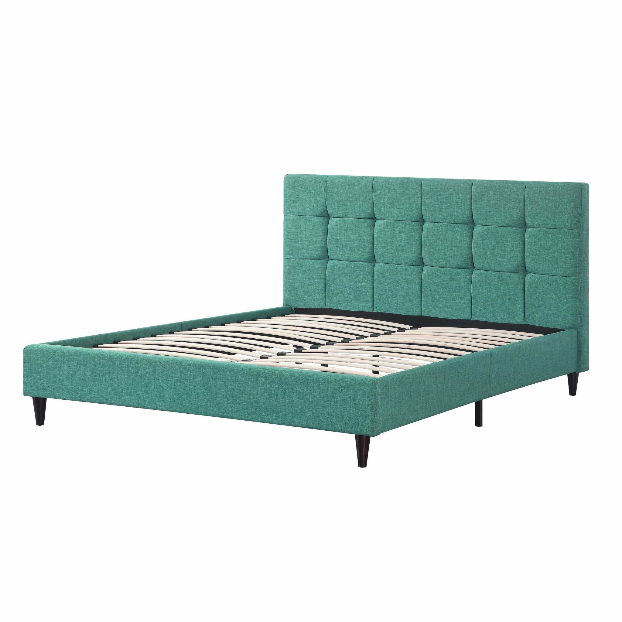 Turquoise Tufted Fabric Upholstered Queen Bed Frame-Standard Beds-DECOROLALA