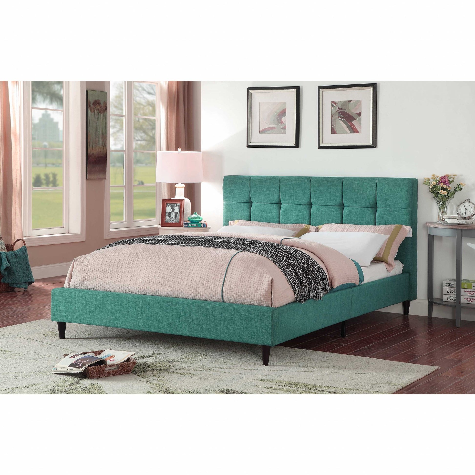 Turquoise Tufted Fabric Upholstered Queen Bed Frame-Standard Beds-DECOROLALA