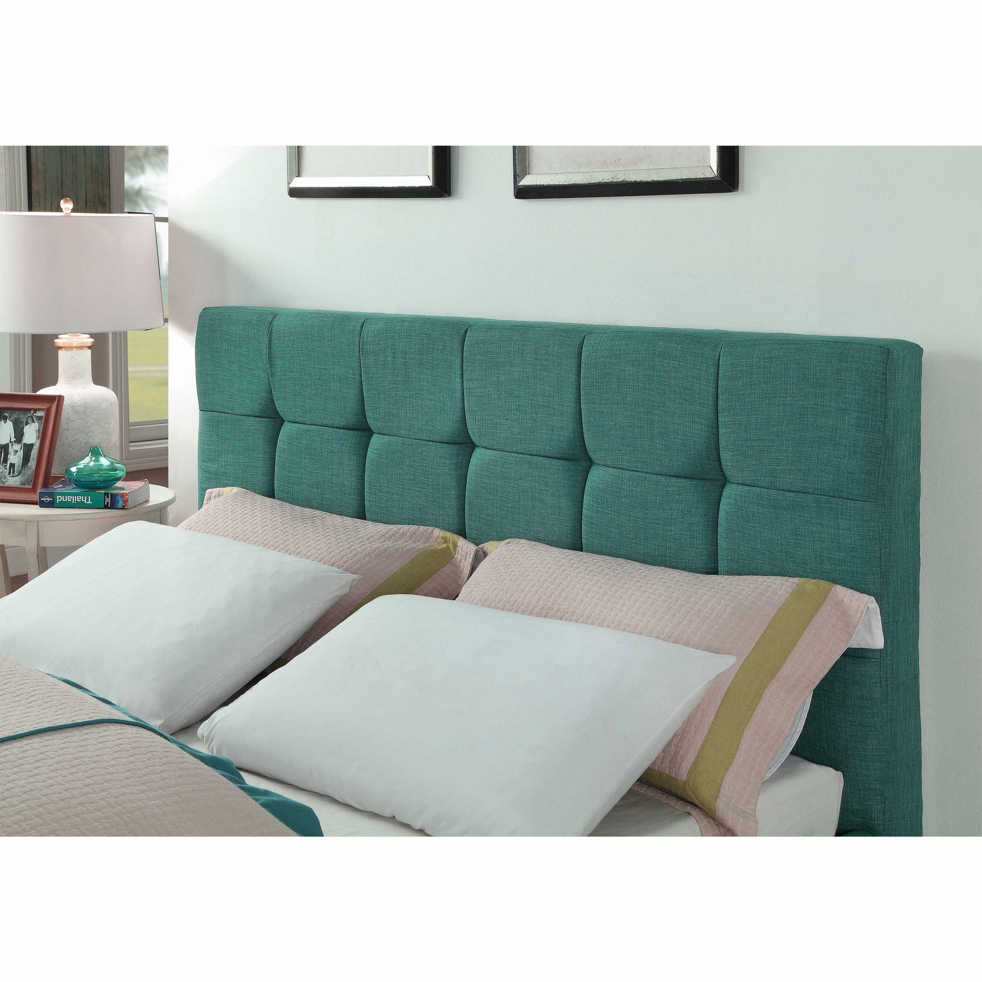 Turquoise Tufted Fabric Upholstered Queen Bed Frame-Standard Beds-DECOROLALA