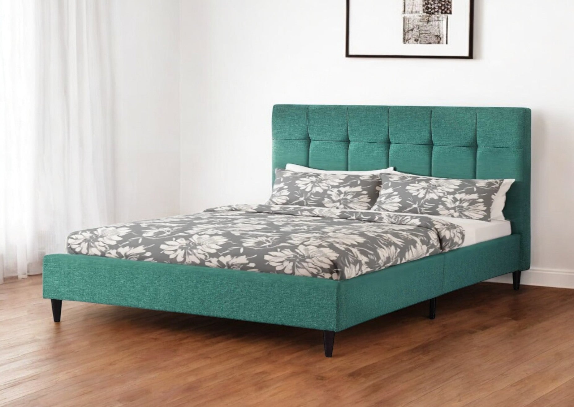 Turquoise Tufted Fabric Upholstered Queen Bed Frame-Standard Beds-DECOROLALA