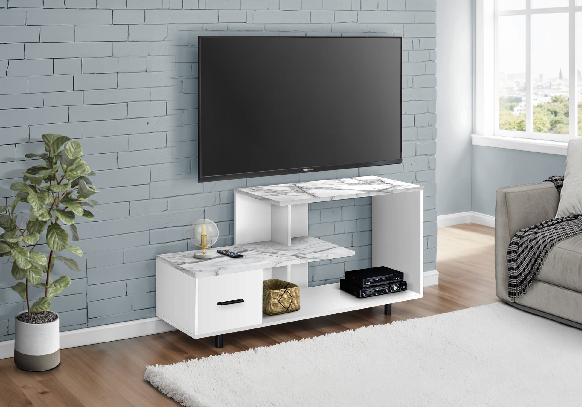 Tv Stand - 48"L / White / White Marble Top / 1 Drawer-Tv Stand-DECOROLALA
