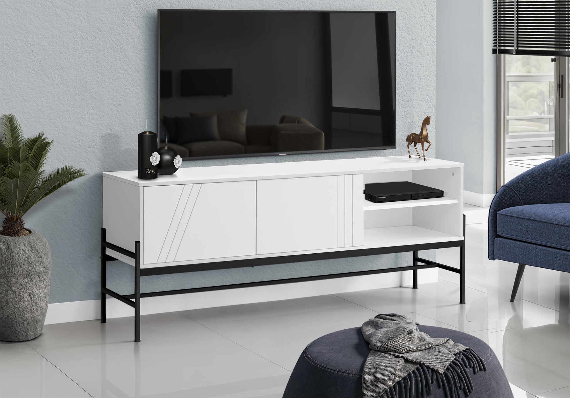 Tv Stand - 60"L / Black / Black Metal With Storage-Tv Stand-DECOROLALA