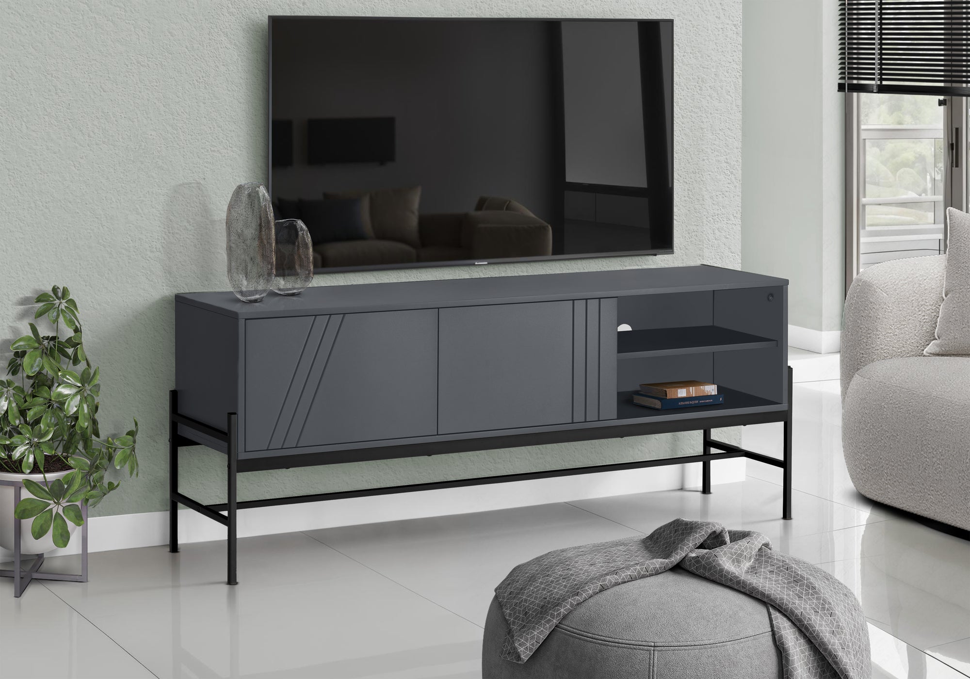 Tv Stand - 60"L / Black / Black Metal With Storage-Tv Stand-DECOROLALA