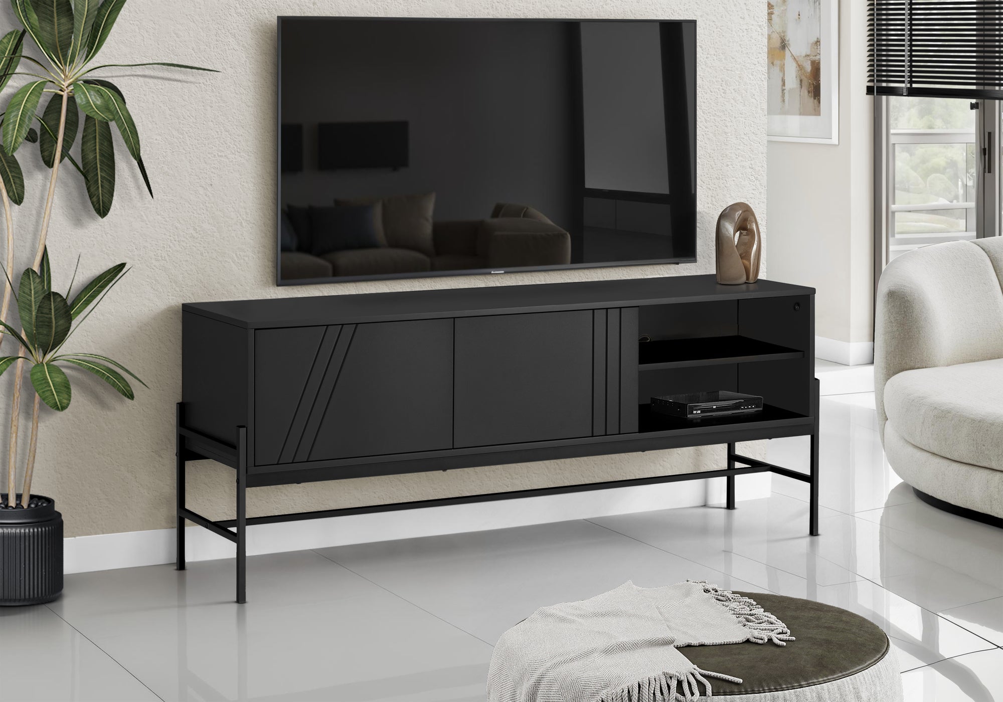 Tv Stand - 60"L / Black / Black Metal With Storage-Tv Stand-DECOROLALA