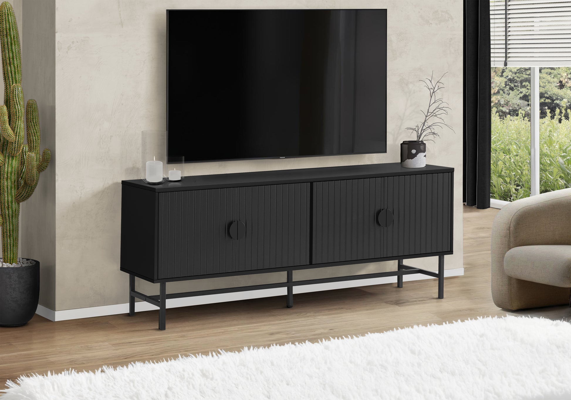 Tv Stand - 60"L / Black / White Doors With Black Metal-Tv Stand-DECOROLALA