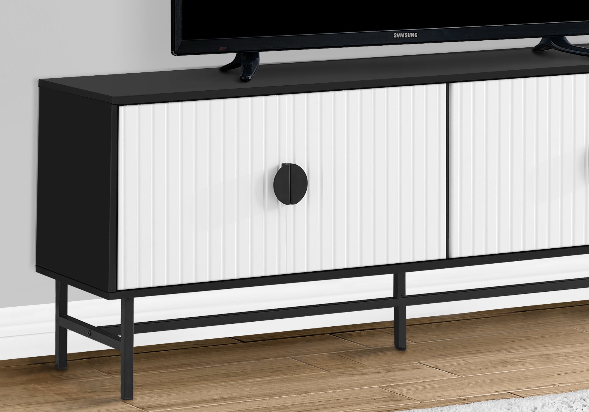 Tv Stand - 60"L / Black / White Doors With Black Metal-Tv Stand-DECOROLALA