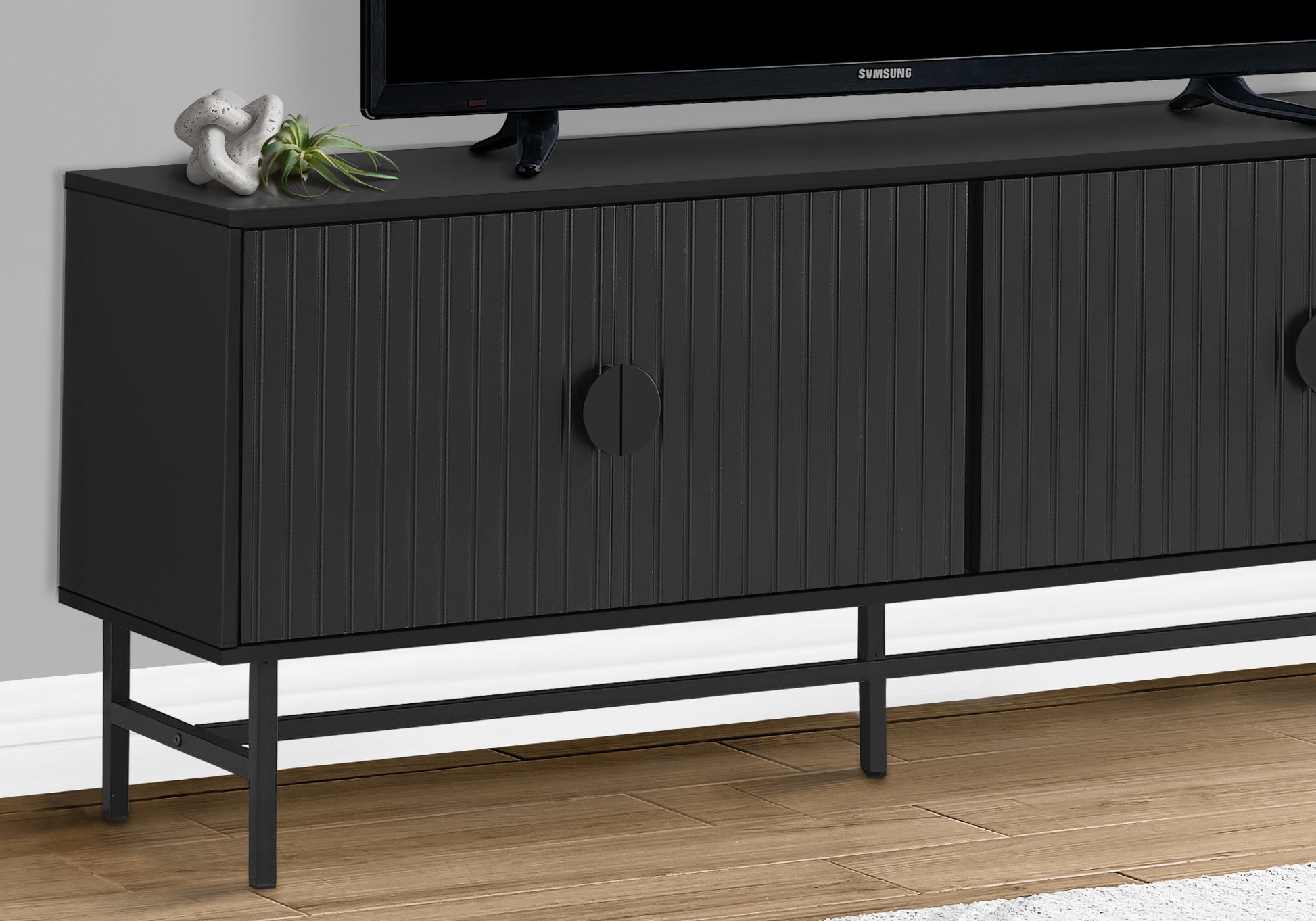 Tv Stand - 60"L / Black / White Doors With Black Metal-Tv Stand-DECOROLALA