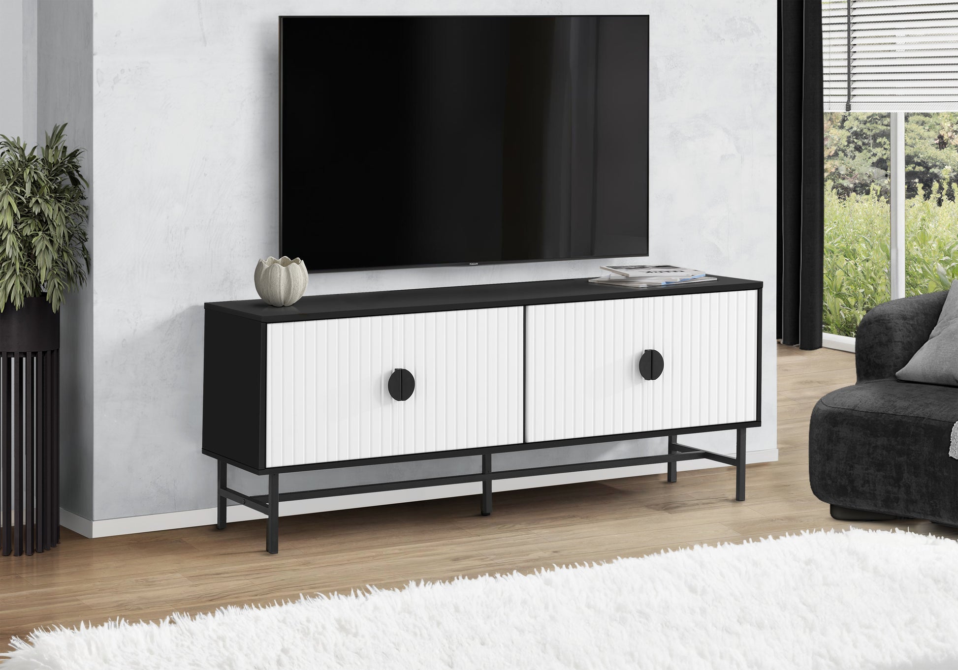 Tv Stand - 60"L / Black / White Doors With Black Metal-Tv Stand-DECOROLALA