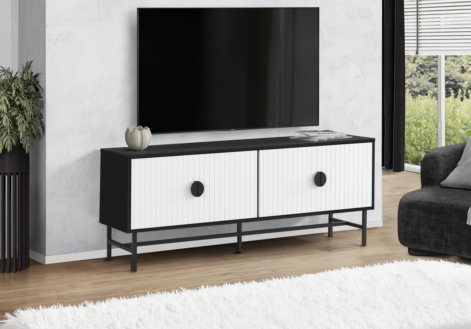 Tv Stand - 60"L / Black / White Doors With Black Metal-Tv Stand-DECOROLALA