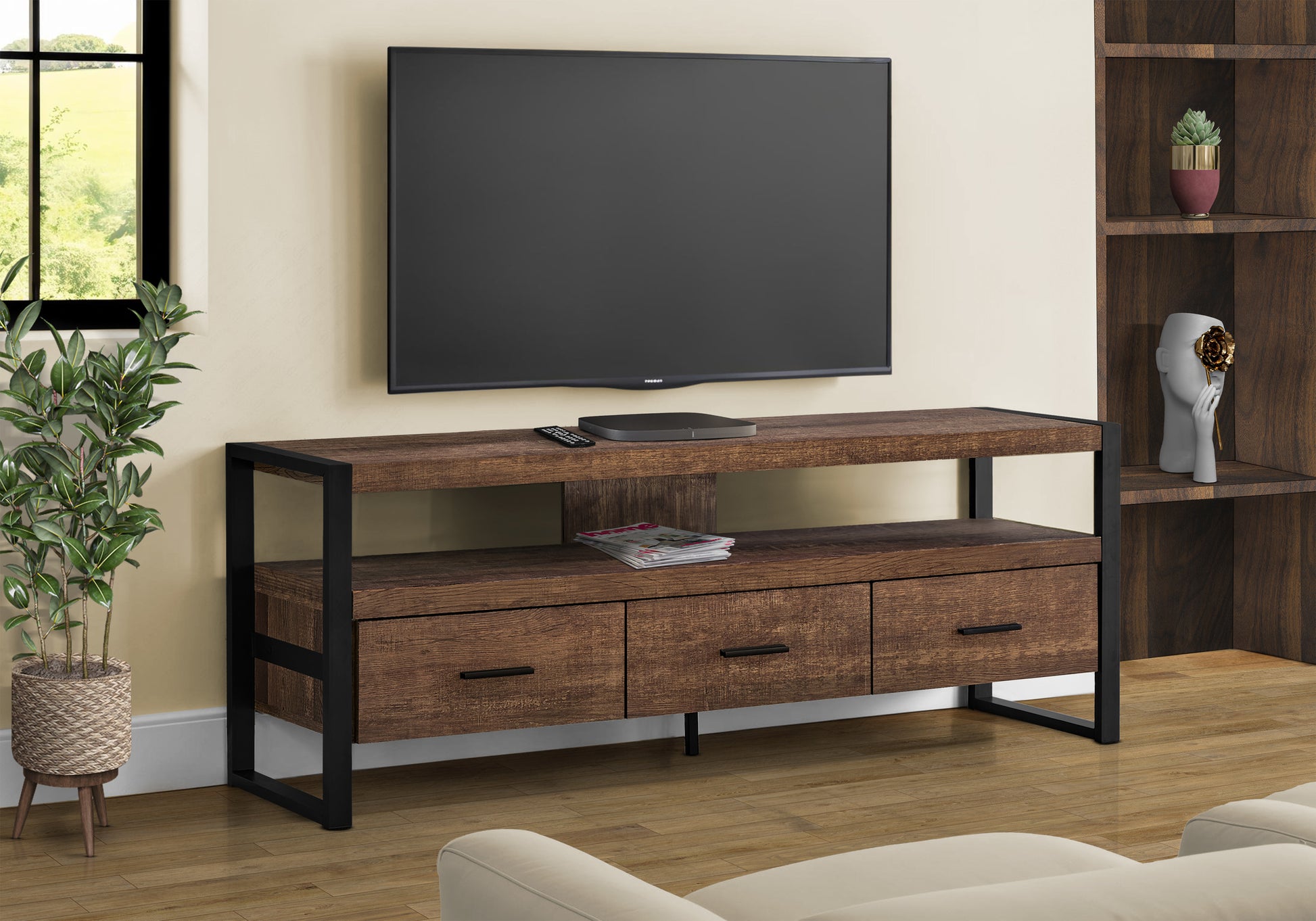 Tv Stand - 60"L / Brown Reclaimed Wood-Look / 3 Drawers-Tv Stand-DECOROLALA