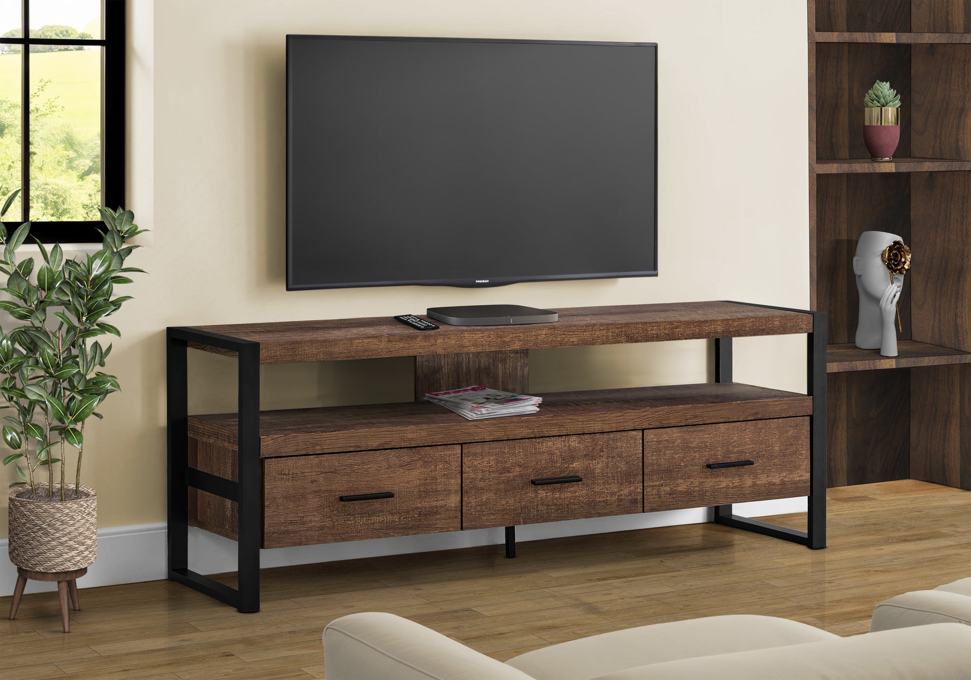 Tv Stand - 60"L / Brown Reclaimed Wood-Look / 3 Drawers-Tv Stand-DECOROLALA