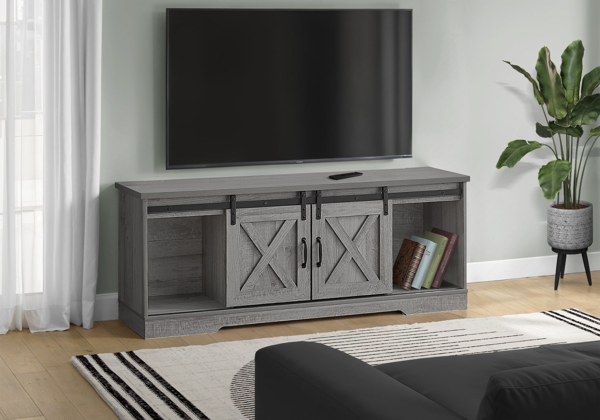 Tv Stand - 60"L / Dark Taupe With 2 Sliding Doors-Bookshelf-DECOROLALA