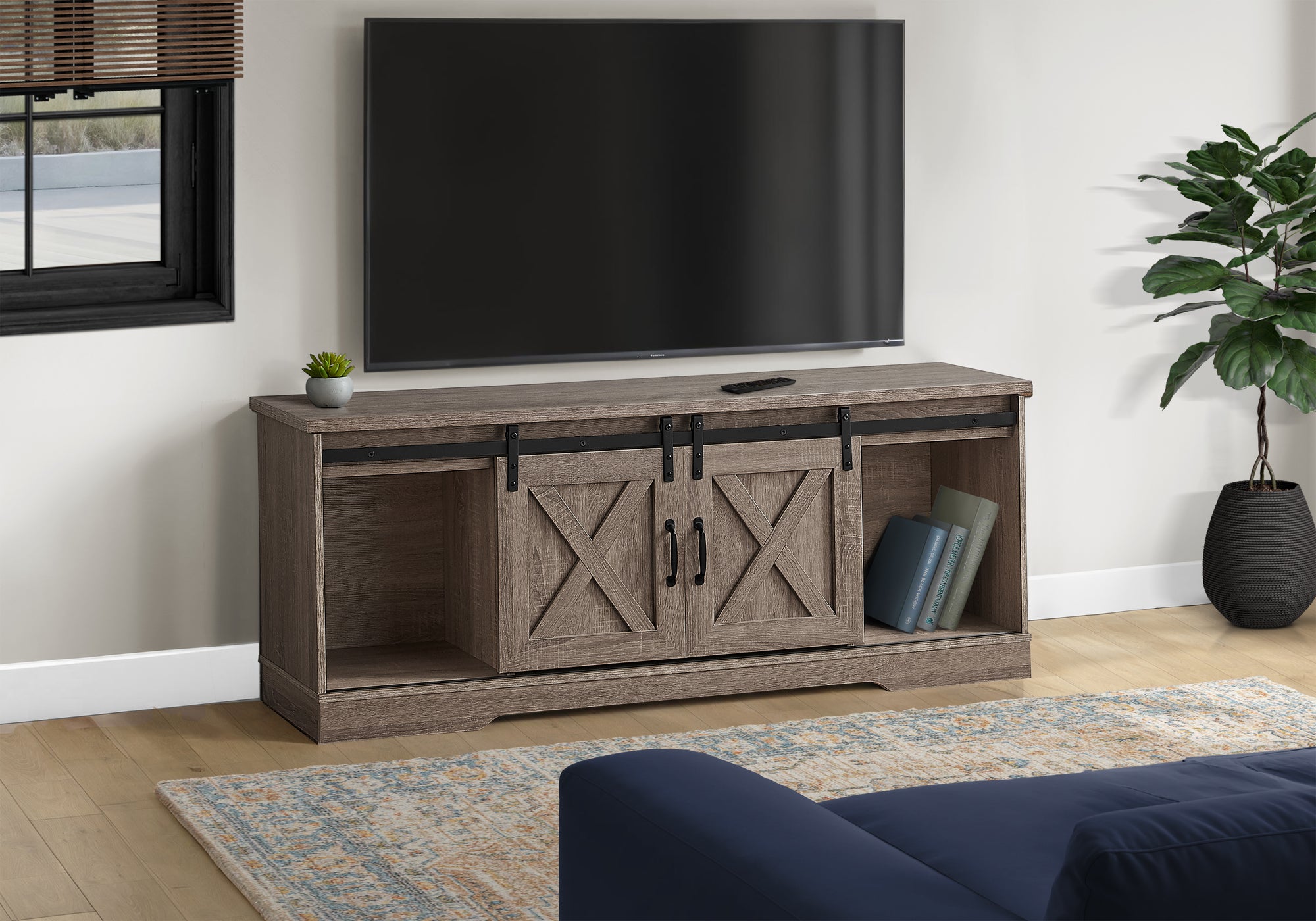 Tv Stand - 60"L / Dark Taupe With 2 Sliding Doors-Bookshelf-DECOROLALA